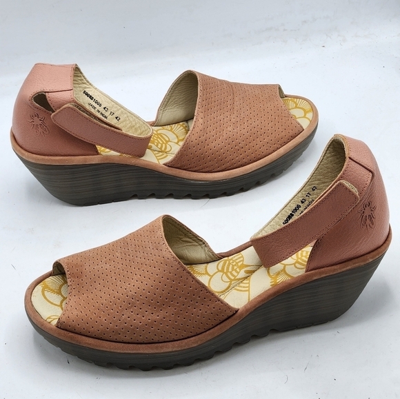 FLY London Perforated Leather Wedge Sandals In Pink and Grey Style Yake Size 10 - Picture 14 of 15